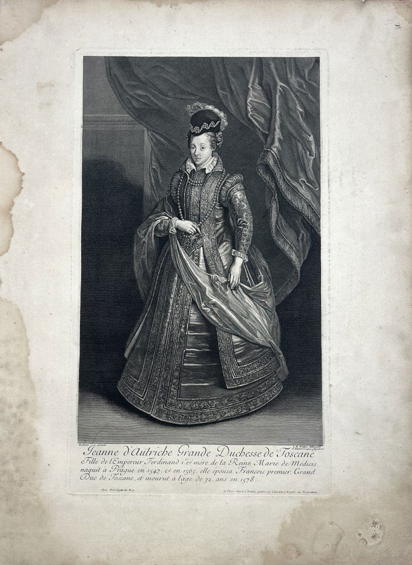 Gaspard Duchange (1662–1757) after Peter Paul Rubens - Portrait of Jeanne d'Autriche: This is antique engraving with etching made by Benoit Audran the Elder. After Peter Paul Rubens. Draftsman: Nattier, Jean-Marc. Published in Paris, France, 1710. Size: 65 cm x 49 cm.