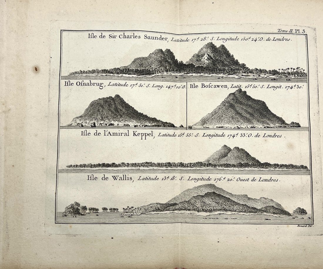 Benard Direxit - engraving of Islands around Tonga coastal profiles -1773: Coastal views of Sir Charles Saunders Island, Osnaburg Island, Boscawens Island, Admiral Keppel's Island, Wallis Island - 1773Size 32,5 x 35,5