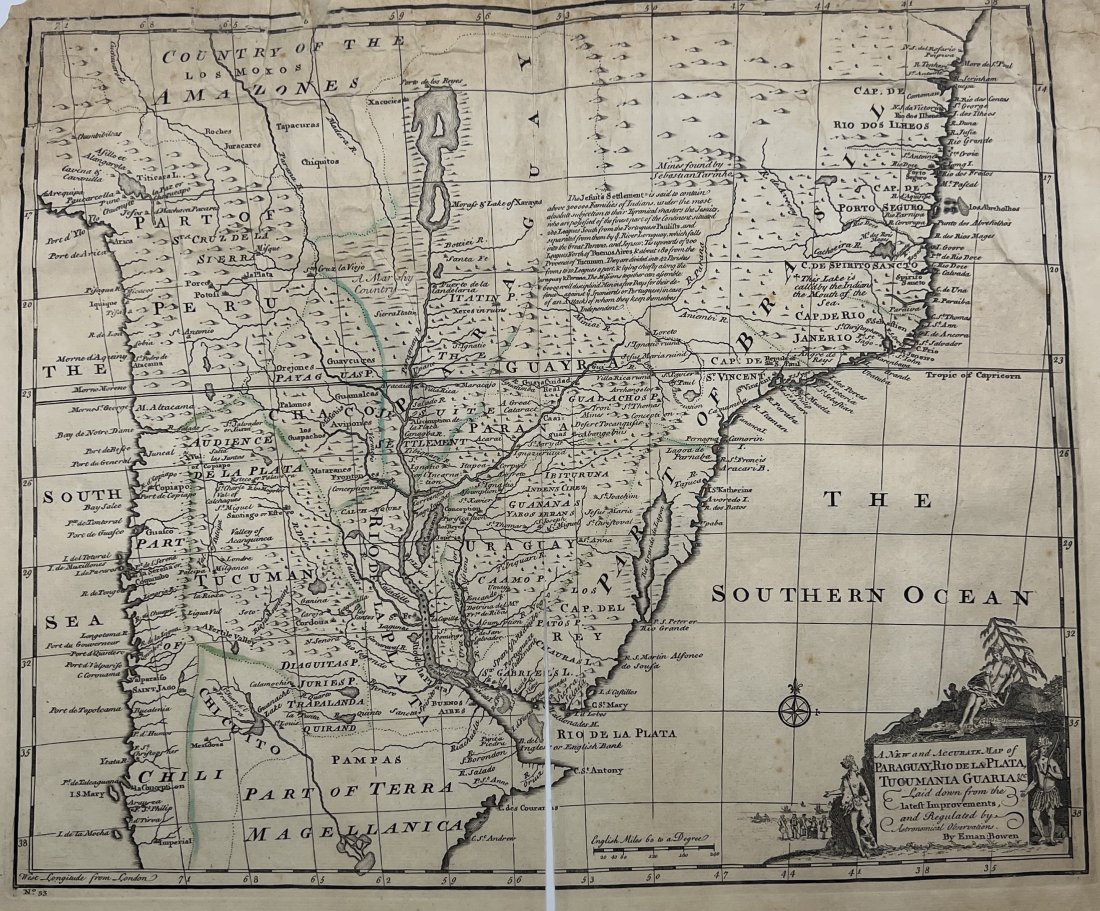Emanuel Bowen (1693 - 1767) -  map of Paraguay, Rio de la Plata, Tucumania, Guaira (1 of 2)
