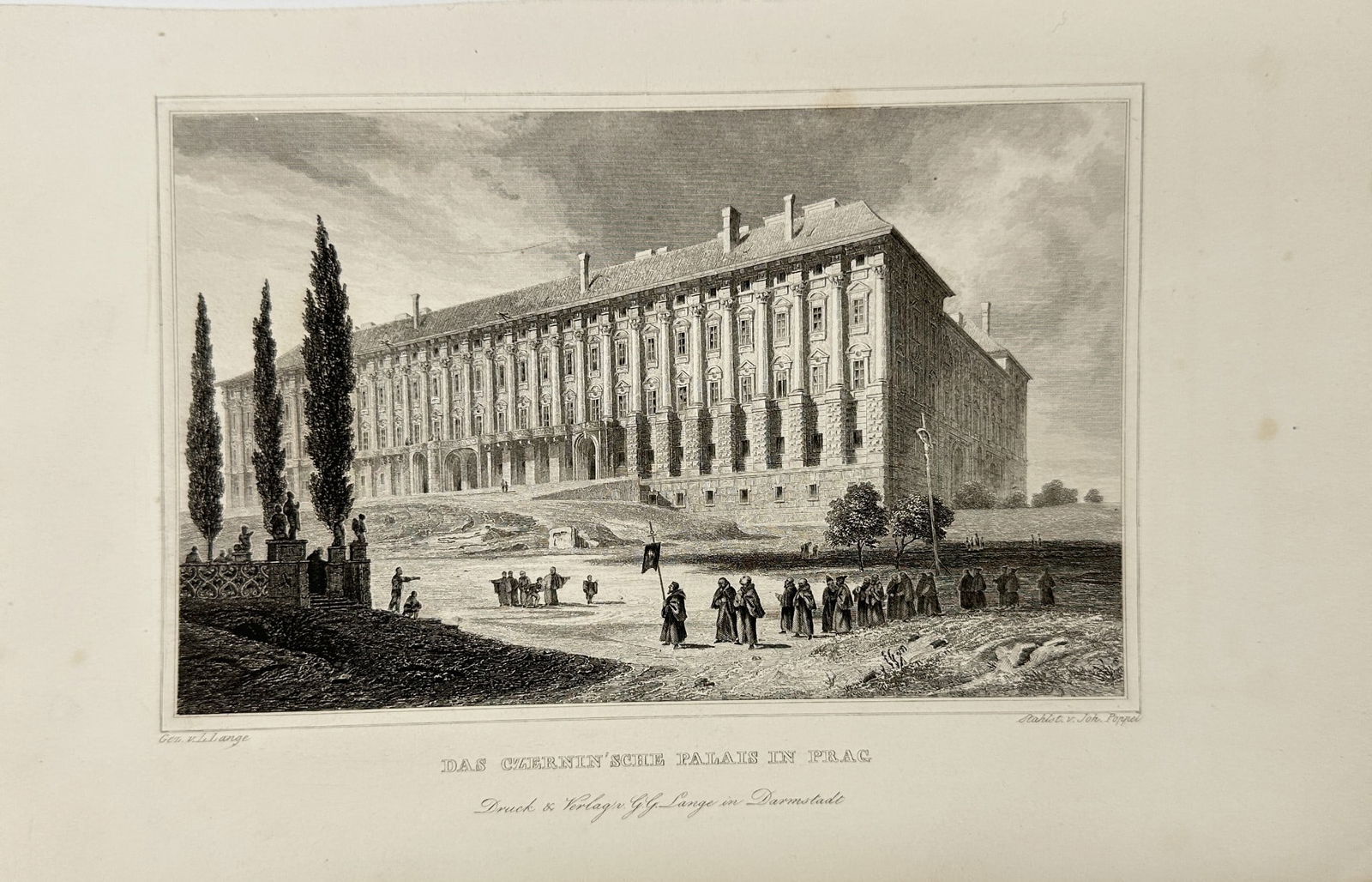 Joseph Mayer - Old print - View of Cernín Palace - Prague - Czech Republic (1 of 2)