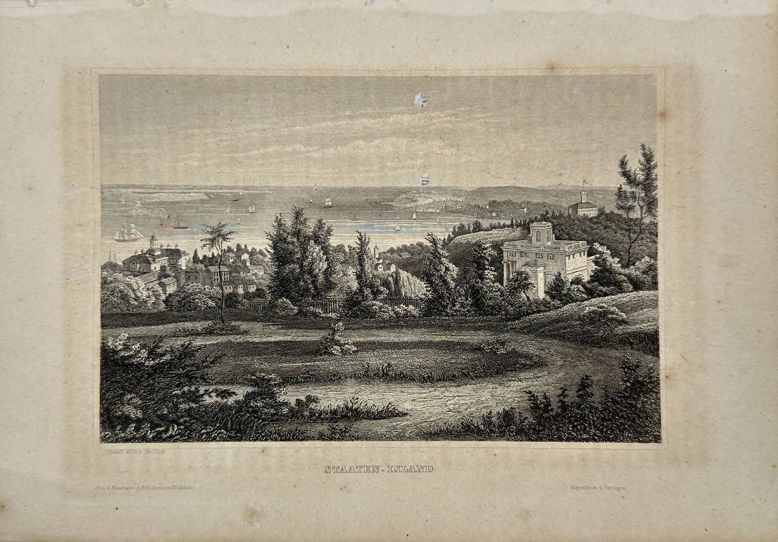 Joseph Mayer - Stampa antica originale - City Views - USA Staaten Island: "Meyer's Universum" — This lovely steel engraving is from Friedrich Hofmann and Joseph Meyer’s Meyer's Universum. The work was published by Joseph Meyer in Gotha between 1833 and 1861. Joseph Meye