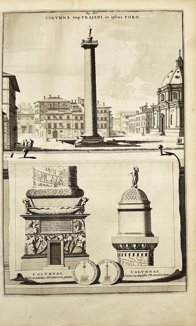 Friedrich Jan Georee - Antique Engraving - The Column of Emperor Trajan, in his Forum: "Colvmna Imp Trajani, in iplius Foro" — This beautiful original engraving is from Friedrich Jan Georee’s Beschryving van oud en nieuw Rome (Description of Ancient and Modern Rome). The work was pu