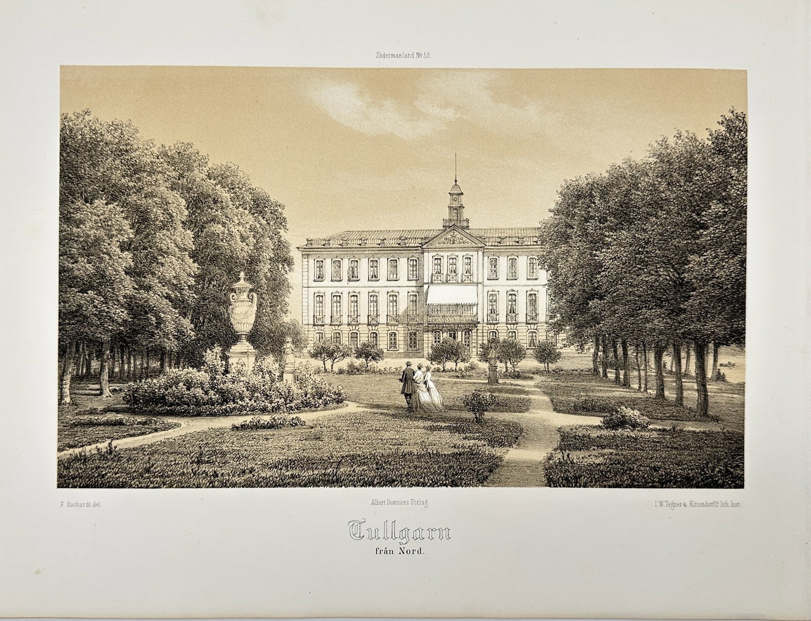 Ferdinand Richardt - Antique Print - View of Tullgarn Palace Sweden 1869: "Herregårdar uti Södermanland" — This chromolithography is from Ferdinand Richardt's work Herregårdar uti Södermanland (Manors in Södermanland). The work was published by Albert Bonniers Förla