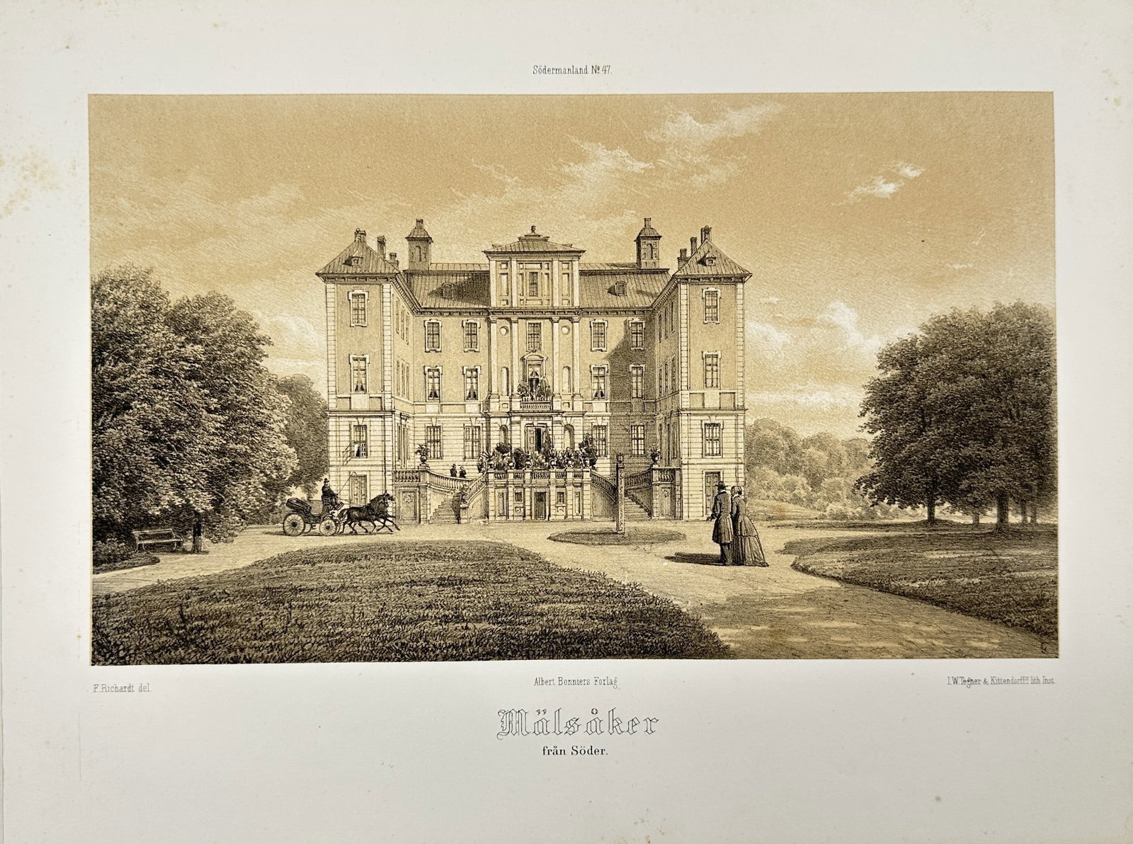 Ferdinand Richardt - Antique Print - View of Mälsåker - Mälsåker Slott castle: "Herregårdar uti Södermanland" — This chromolithography is from Ferdinand Richardt's work Herregårdar uti Södermanland (Manors in Södermanland). The work was published by Albert Bonniers Förla