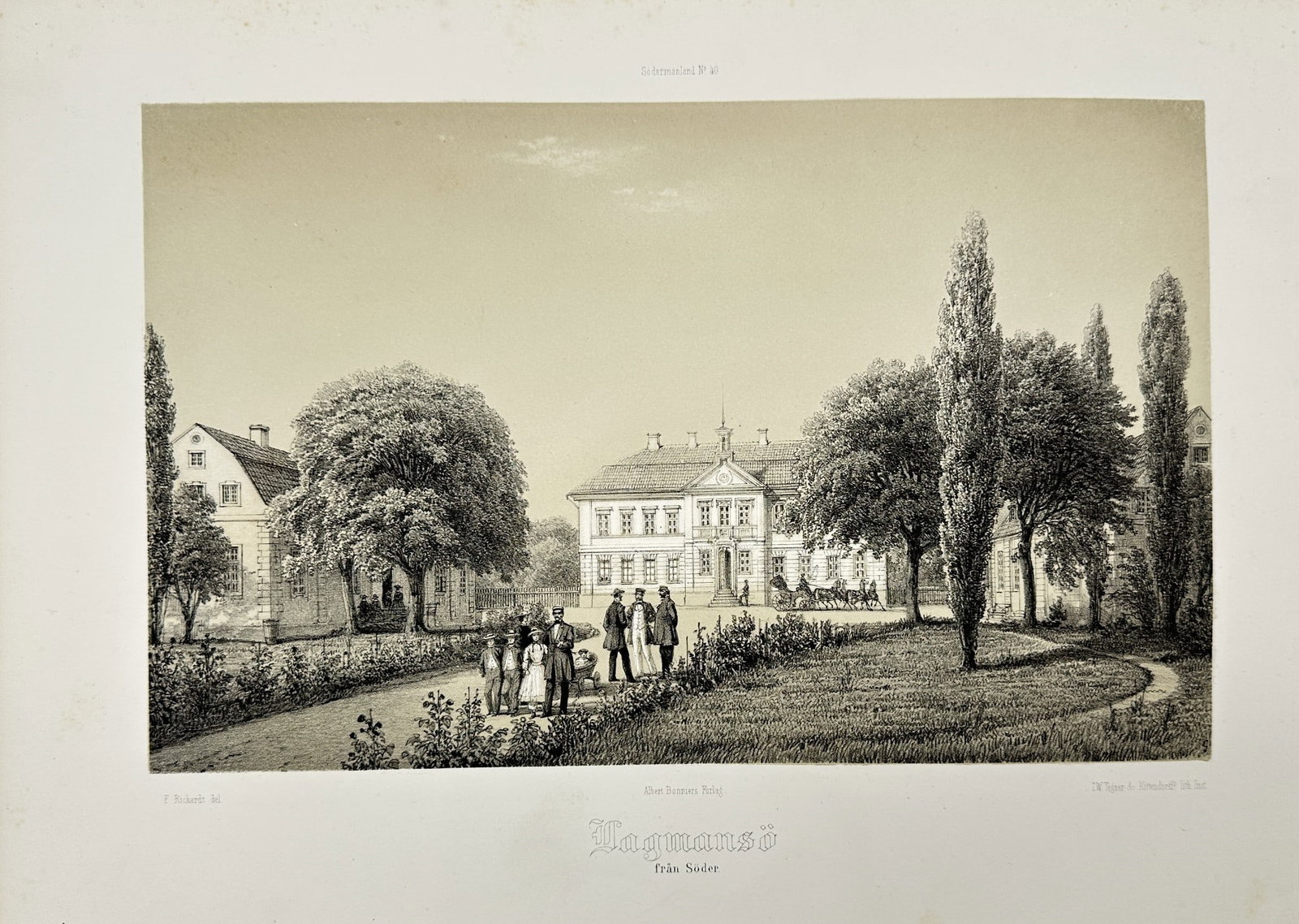 Ferdinand Richardt - Antique Print - Lagmansö in Vadsbro Socken - Sweden 1869: "Herregårdar uti Södermanland" — This chromolithography is from Ferdinand Richardt's work Herregårdar uti Södermanland (Manors in Södermanland). The work was published by Albert Bonniers Förla