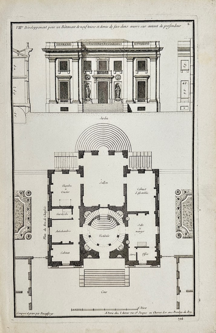 Antique Print - Jean-Francois de Neufforge - Building Development - France: "VIII Développement pour un Bâtiment de neuf trusce et demie de face dans œuvre sur autant de profondeur" — This antique architectural print is from Jean-François de Neufforge’s Recueil Élém