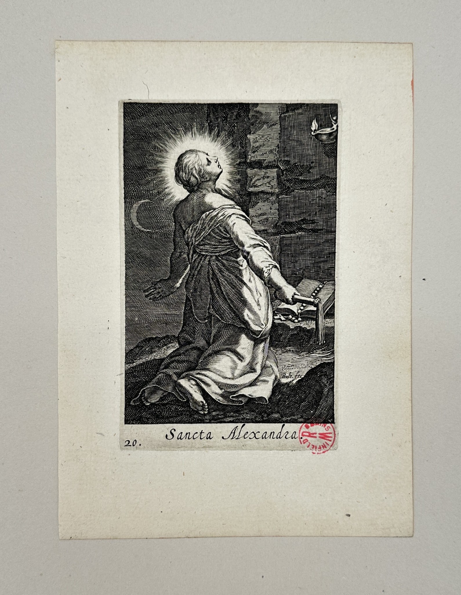 Boetius Adams Bolswert - Antique print - Saint Alexandra - Sancta Alexandra: "Sacra Eremus Ascetriarum" — This rare engraving originates from the series Sacra Eremus Ascetriarum by Boetius Adams Bolswert after Abraham Bloemaert, published in Antwerp in 1619. Boetius Adamsz.