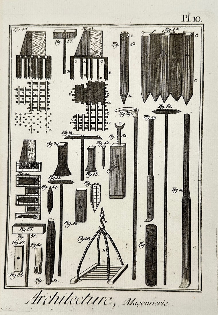 Jacques Renaud Bernard - Original Antique Print - Architecture - Masonry: "Architecture, Maçonnerie" — This beautiful original engraving is from Jacques Renaud Bernard’s Recueil de planches pour la nouvelle édition du dictionnaire (Collection of Plates for the New Edi