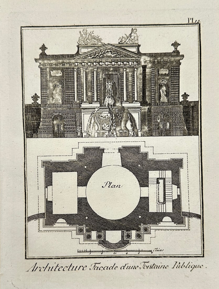 Jacques Renaud Bernard - Original Antique Print - Architecture Facade of a Public Fountain -: "Architecture, Façade d'une Fontaine Publique" — This beautiful original engraving is from Jacques Renaud Bernard’s Recueil de planches pour la nouvelle édition du dictionnaire (Collection of Pl