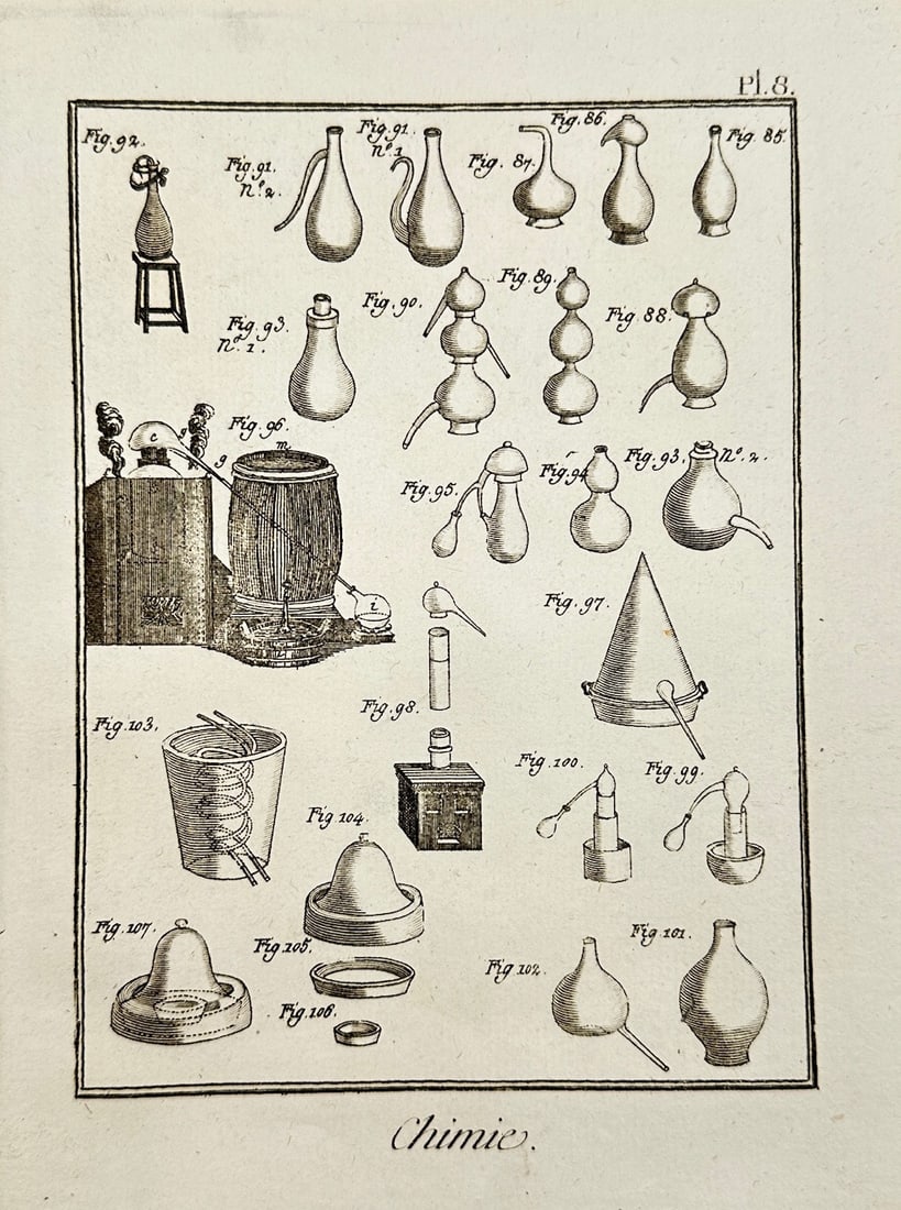 Jacques Renaud Bernard - Antique Architecture Engraving - Chimie: "Chimie" — This beautiful original engraving is from Jacques Renaud Bernard’s Recueil de planches pour la nouvelle édition du dictionnaire (Collection of Plates for the New Edition of the Diction
