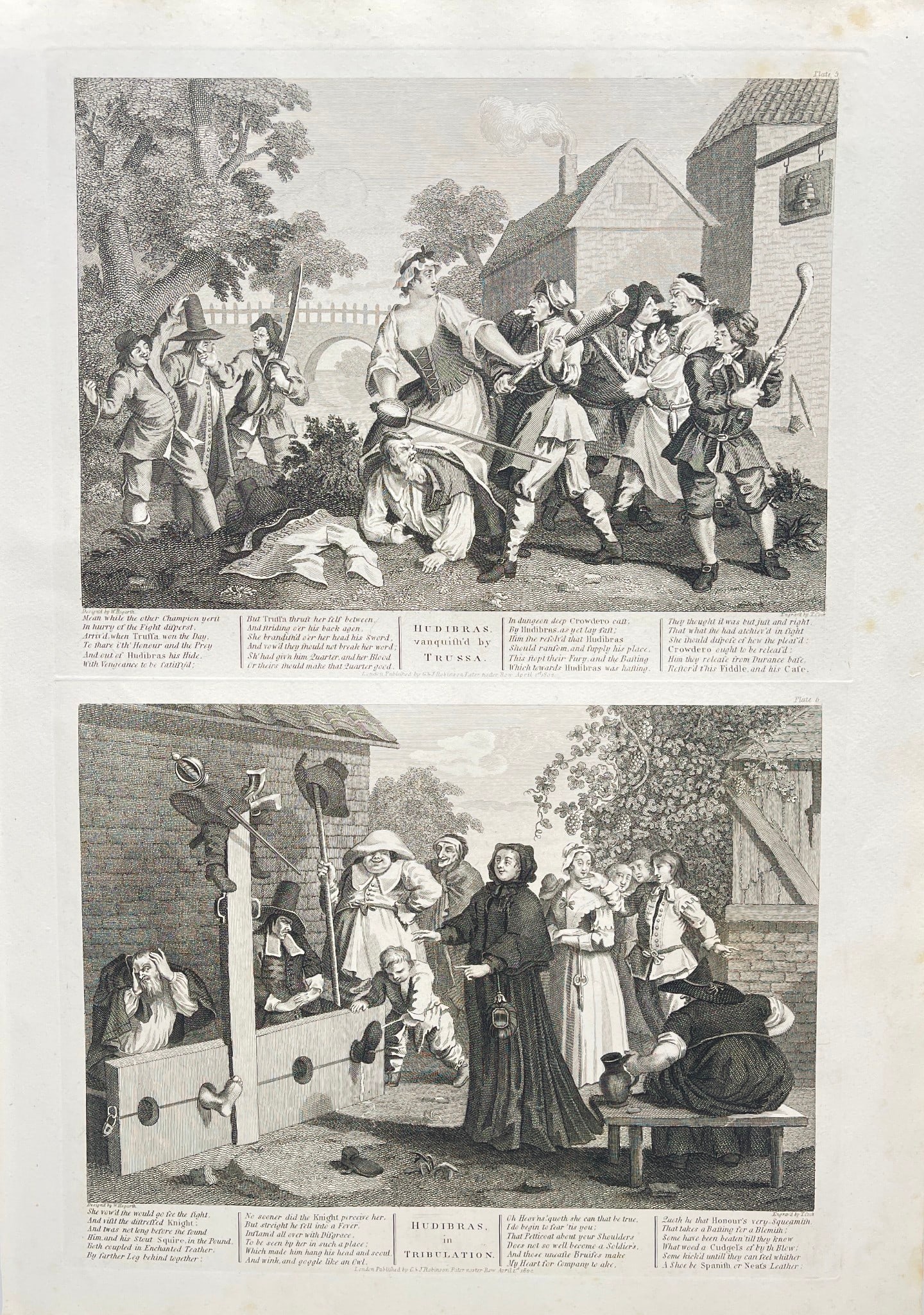 William Hogarth - Antique Engraving - Doble Grabado 5 y 6 de Hudibras (1 of 3)