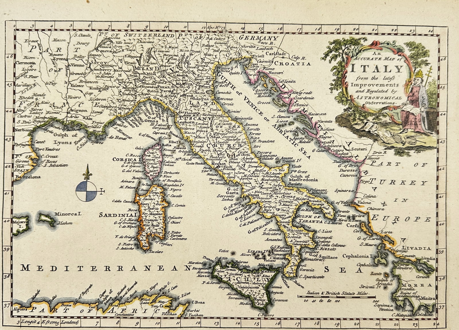 Thomas Kitchin - An Accurate Map of Italy - c. 1777: This original antique map is titled "An Accurate Map of Italy from the Latest Improvements and Regulated by Astronomical Observations." It was created by Thomas Kitchin, a prominent British cartograph