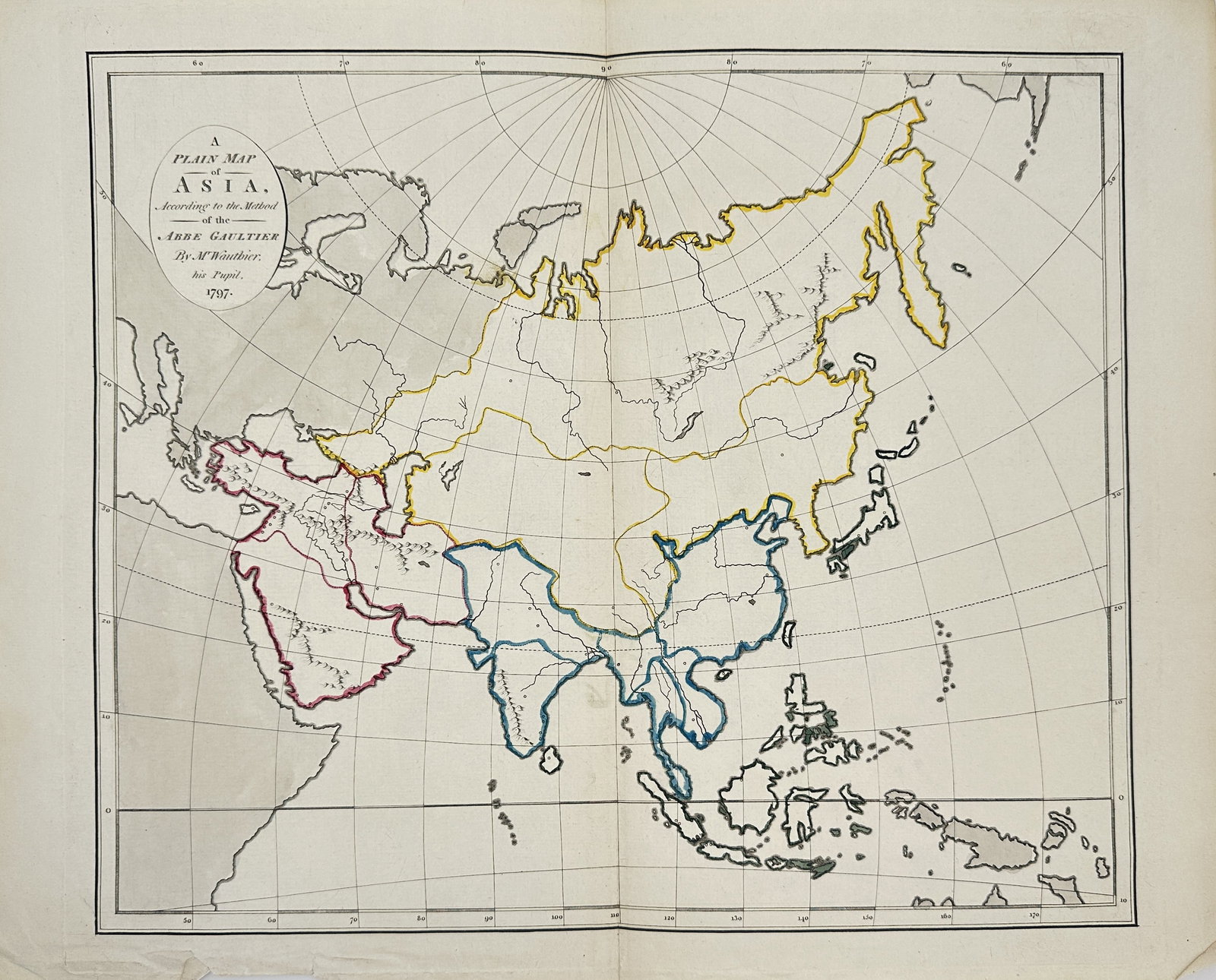 Abbé Gaultier – A Plain Map of Asia – 1797: This original map by Abbé Gaultier titled "A Plain Map of Asia" was published in 1797 and engraved according to his educational model by Mr. Drouet, one of his pupils. Gaultier (1745–1818) was a re