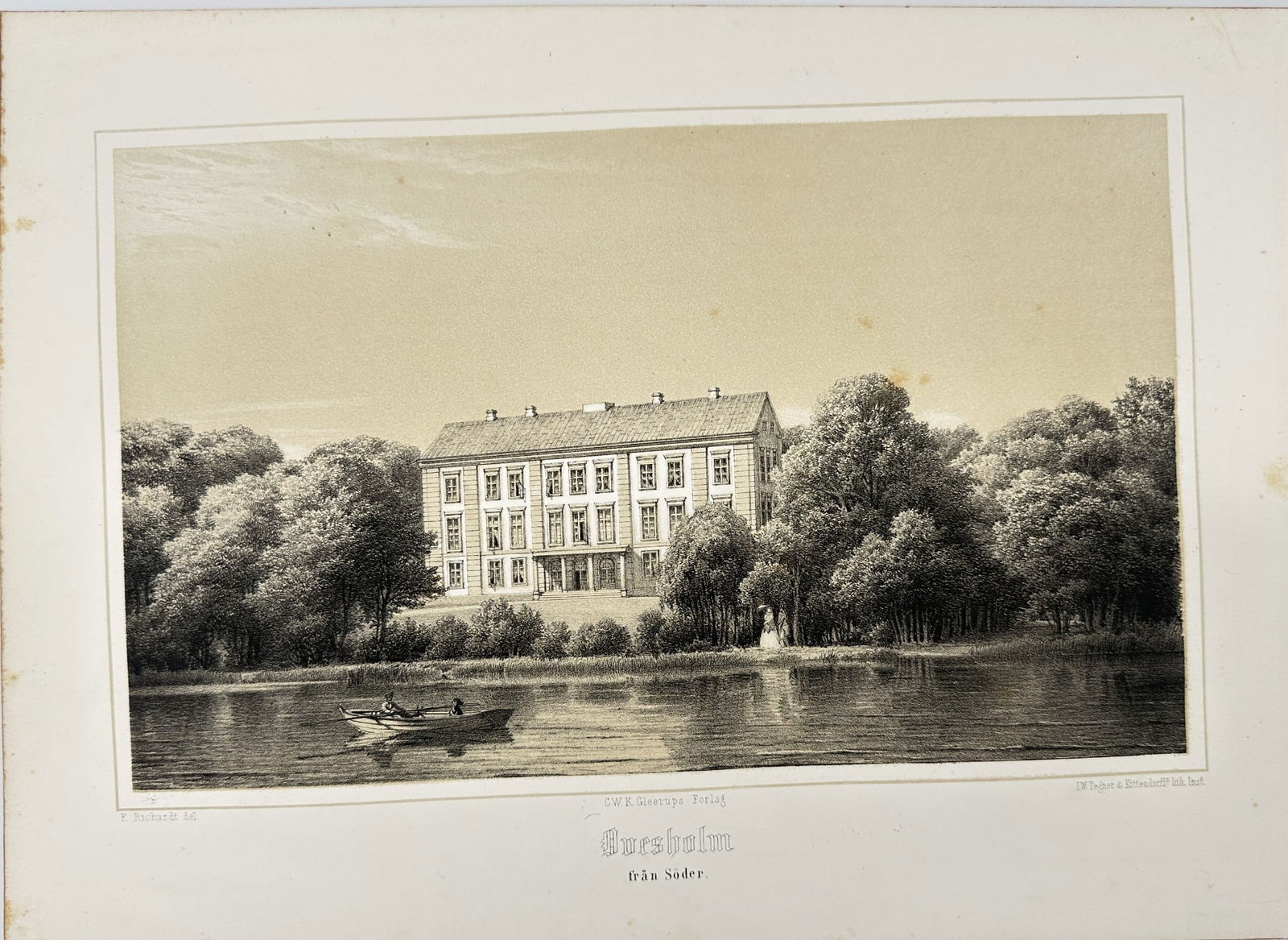 Richardt Ferdinand - Old Lithograph Print - View of Ovesholm slott Europe (1 of 2)