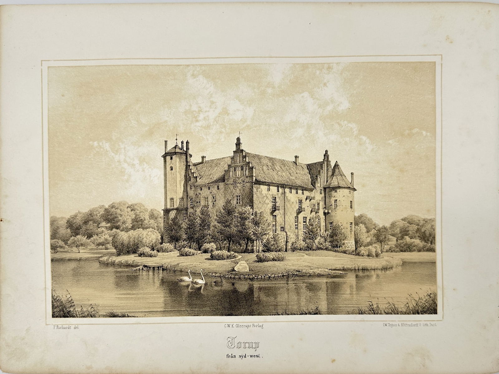 Richardt Ferdinand - Old Lithograph Print - View of Torup slott - Europe 1863 (1 of 2)