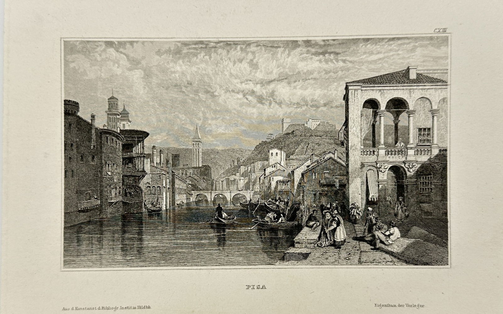 Joseph Mayer - Old print - Arno River - Leaning Tower - Pisa - Italy (1 of 2)