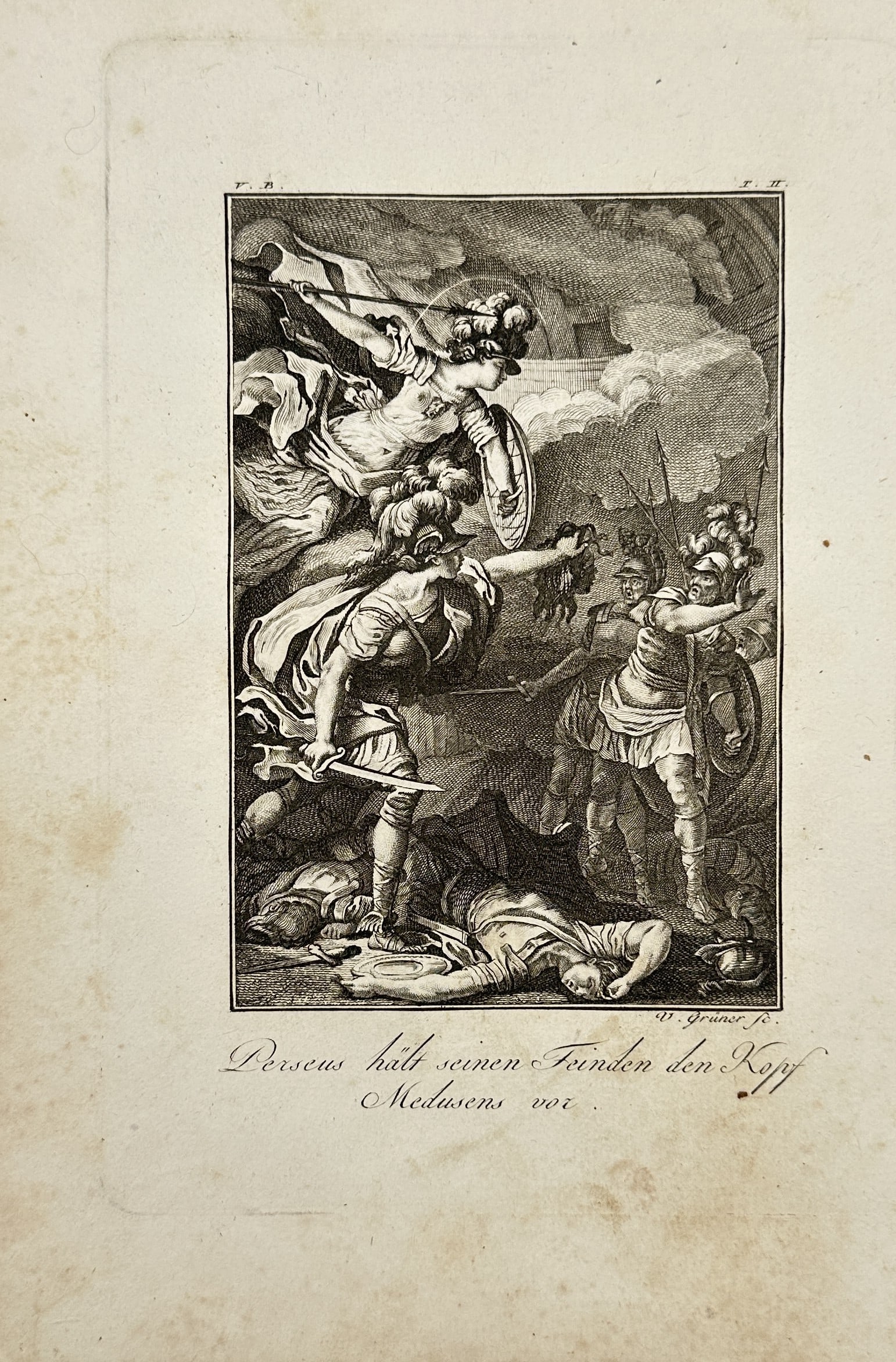 V. Gruner – Antique Engraving – Perseus Presents the Head of Medusa – 18th Century: This striking engraving captures a climactic moment from Ovid’s Metamorphoses, where the hero Perseus uses the severed head of Medusa to turn his enemies to stone. Surrounded by fallen warriors, Per