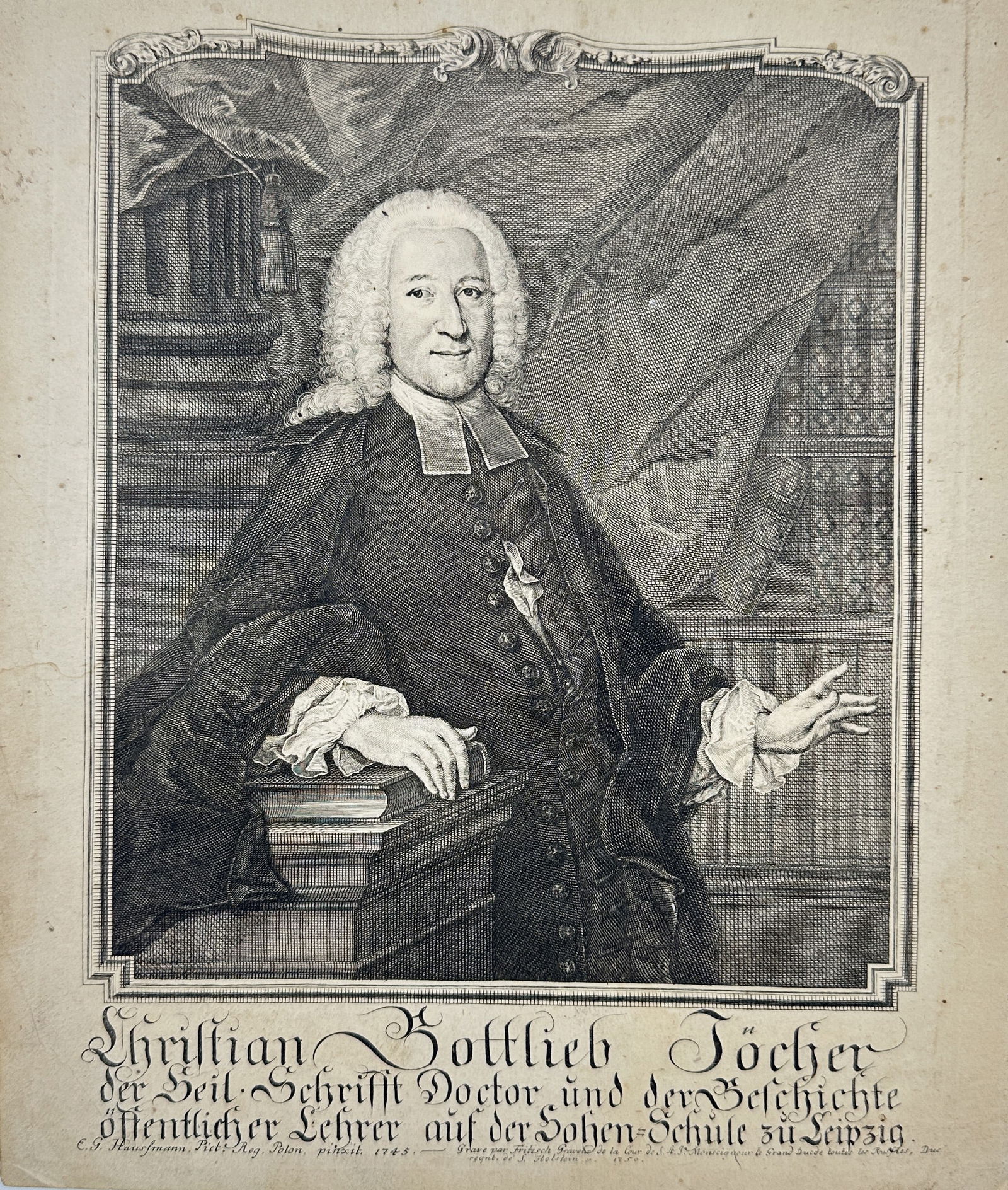 Johann Martin Bernigeroth after C.S. Haussmann – Portrait Engraving – Christian Gottlieb Jöcher: This finely executed portrait depicts Christian Gottlieb Jöcher (1694–1758), the renowned German theologian, historian, and bibliographer, best known for his Allgemeines Gelehrten-Lexicon. Shown in