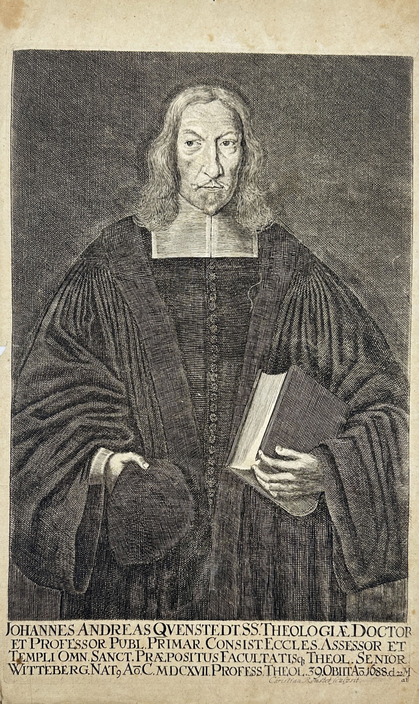 Christian Rösel – Portrait Engraving – Johannes Andreas Quenstedt – Late 17th Century: This detailed and dignified portrait engraving depicts Johannes Andreas Quenstedt (1617–1688), a prominent German Lutheran theologian and professor of theology at the University of Wittenberg. Shown