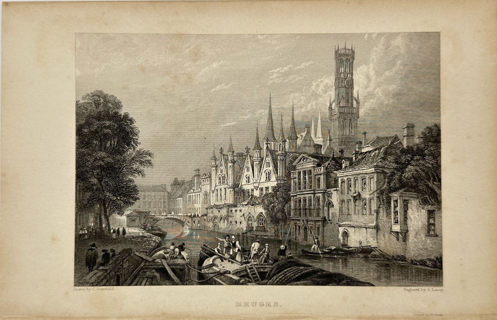 Joseph Mayer - Old print - View of Bruges in Flanders Belgium - 1838: This lovely steel engraving is from Friedrich Hofmann and Joseph Meyer’s *Meyer's Universum*. The work was published by Joseph Meyer in Gotha between 1833 and 1861. Joseph Meyer (1796–1856) was a