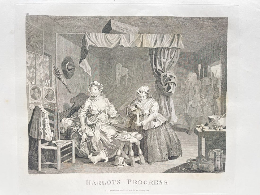 Antique Engraving - William Hogarth & Thomas Cook - Harlot's Progress - E5: «Harlot's Progress». Superb large folio engraving is from The Whole Works of the Celebrated William Hogarth, as Originally Published. The work was published in London between 1791 and 1802. Each eng