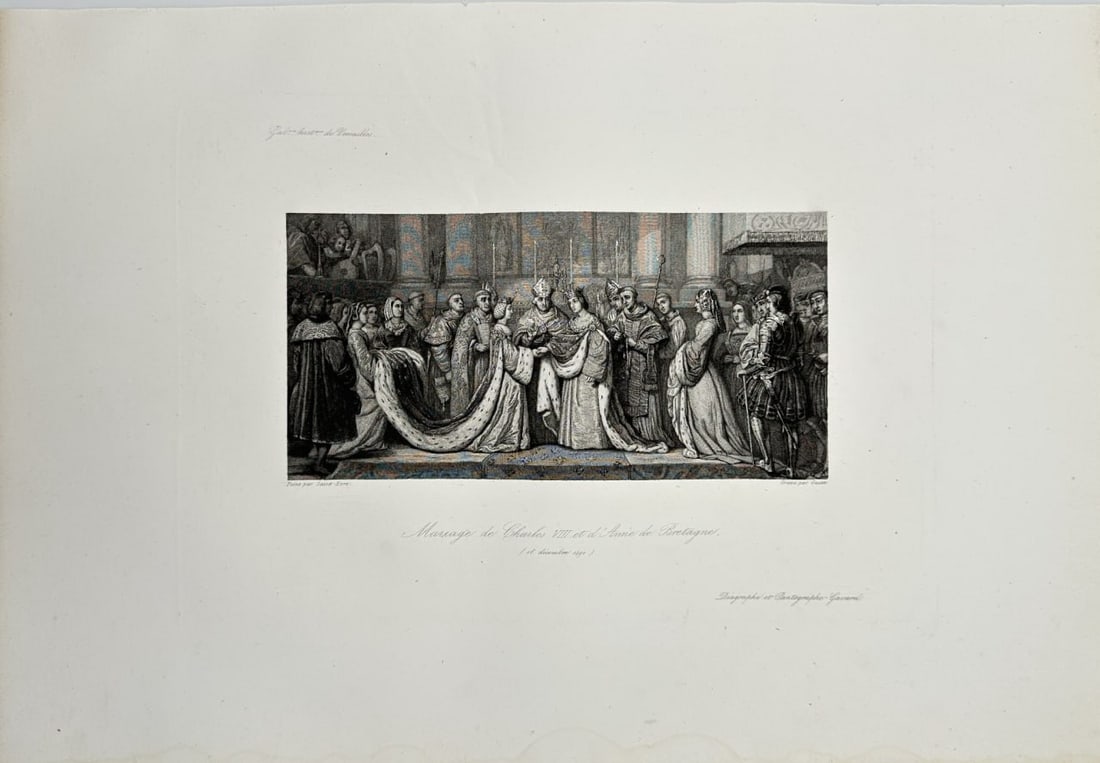 Antique Print - G. Saint-Evre - Marriage of King Charles VII Anne of Brittany: Original antique engraving is from Charles Gavard’s "Galeries historiques de Versailles, Serie II, De Clovis-1643". The work was published in Paris, 1838–49. King Louis-Philippe I (1773–1850) pl