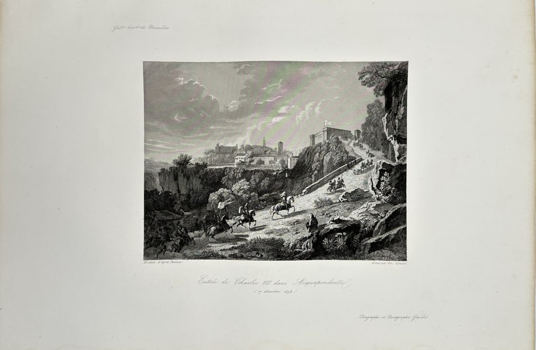 Gravure Antique Print - Louis Lejeune - Entry of Charles VIII into Acquapendente: Original antique engraving is from Charles Gavard’s "Galeries historiques de Versailles, Serie II, De Clovis-1643". The work was published in Paris, 1838–49. King Louis-Philippe I (1773–1850) pl