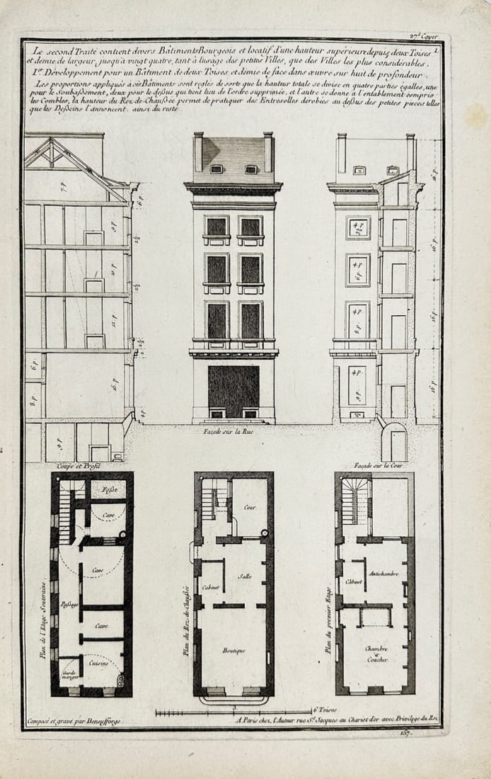 Antique Architectural Print - Development of a Construction Building - F4: This antique architectural print is from Jean-Francois de Neufforge’s «Recueil Élémentaire d’Architecture». The work was published in Paris, 1770. "Recueil Élémentaire d’Architecture" by J