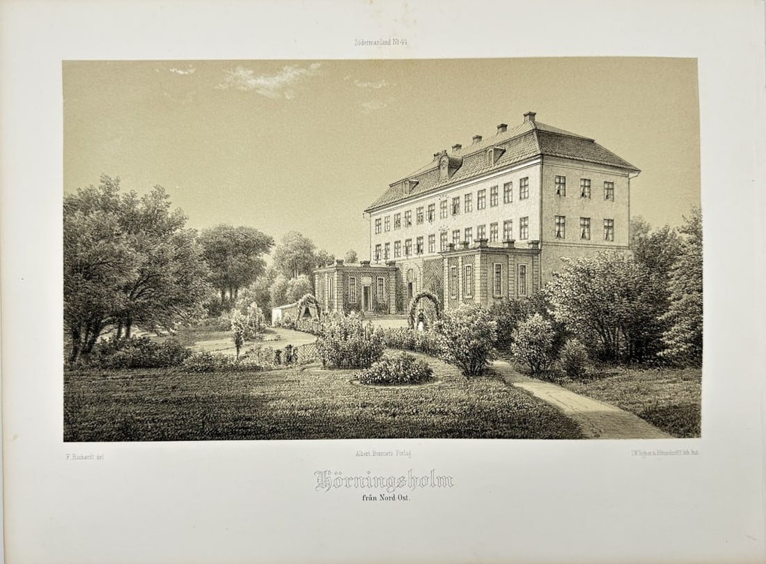 Antique Print - Ferdinand Richardt - Hörningsholms Slott castle - Mörkö island: This chromolithography is from Ferdinand Richardt's work Herregårdar uti Södermanland (Manors in Södermanland). The work was published by Albert Bonniers Förlag in Köpenhamn, 1869. Ferdinand Rich