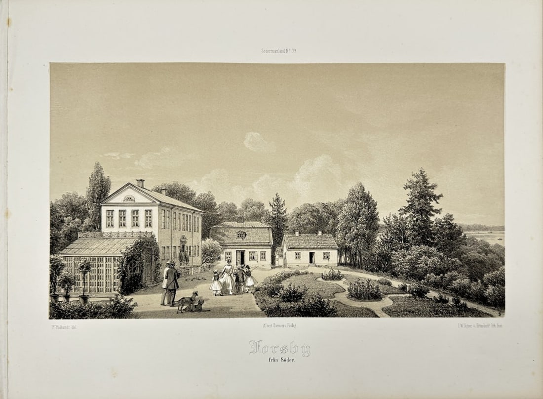 Antique Print - Ferdinand Richardt - Forsby Säteri Österåker - Swedish Manor: This chromolithography is from Ferdinand Richardt's work Herregårdar uti Södermanland (Manors in Södermanland). The work was published by Albert Bonniers Förlag in Köpenhamn, 1869. Ferdinand Rich