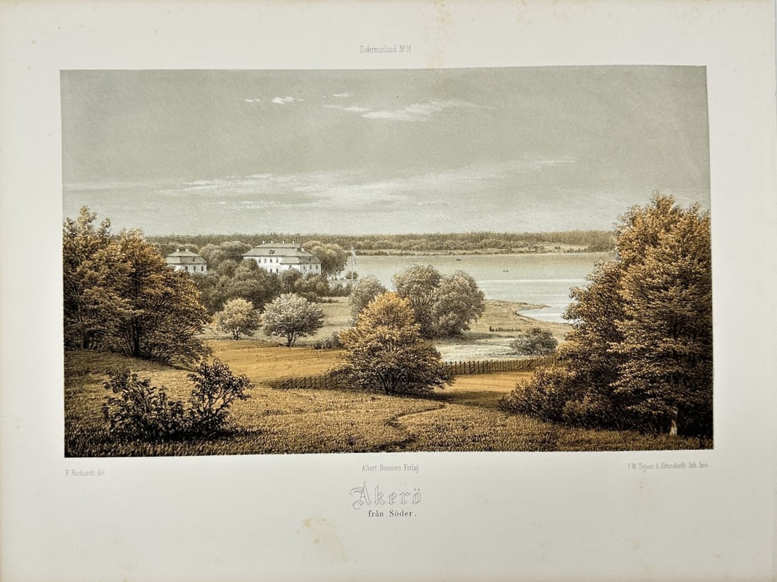 Antique Print - Ferdinand Richardt - Åkerö Slott Bettna - Swedish Castle - Flen: This chromolithography is from Ferdinand Richardt's work Herregårdar uti Södermanland (Manors in Södermanland). The work was published by Albert Bonniers Förlag in Köpenhamn, 1869. Ferdinand Rich