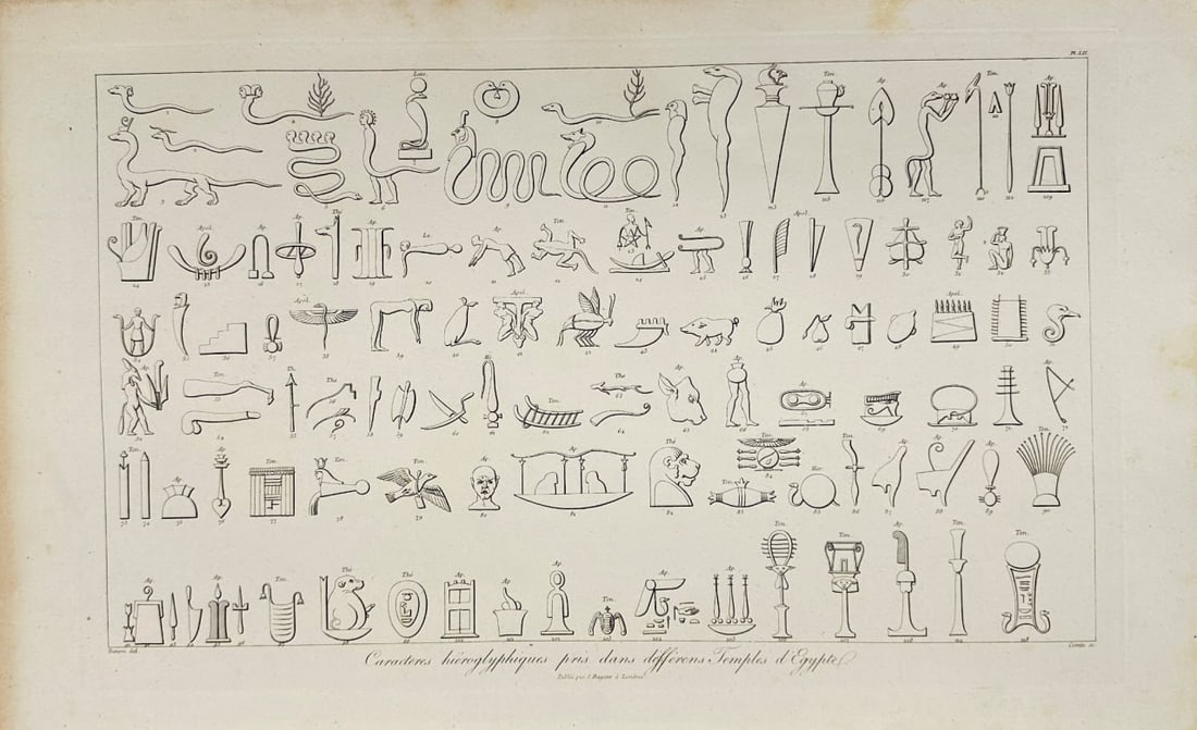 Original Antique Print - Hieroglyphic Symbols in the Temples of Egypt - F3: This antique engraving originates from Dominique Vivant Denon’s Voyage dans la Basse et la Haute Égypte, pendant les campagnes de Bonaparte (Journey in Lower and Upper Egypt during the Campaigns of