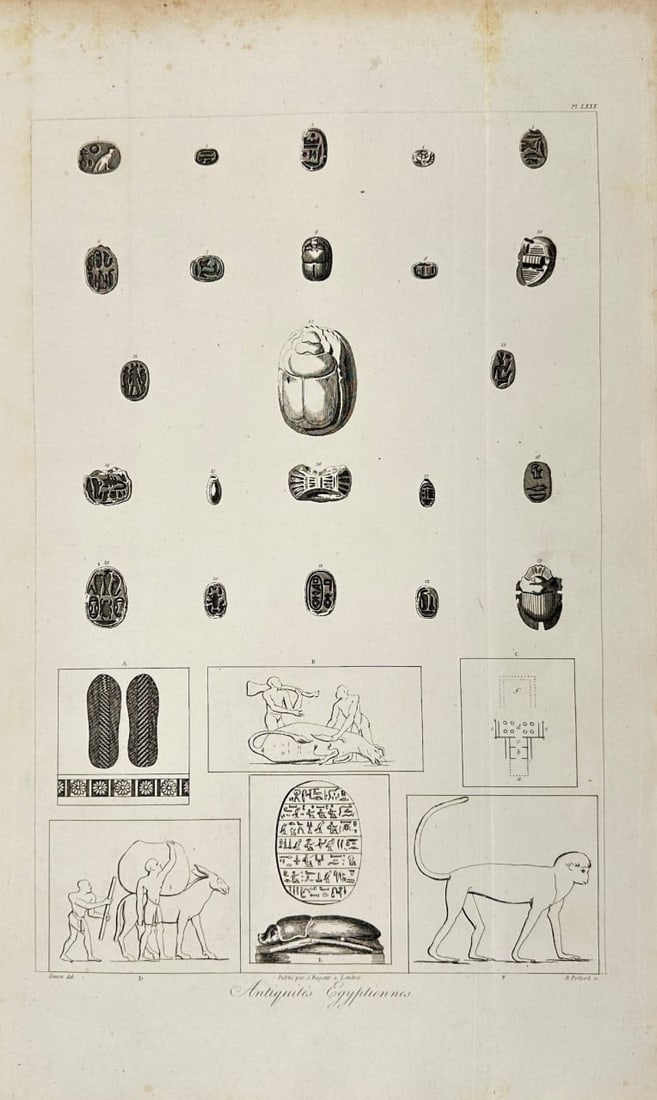 Original Antique Print - Dominique Vivant Denon - Egyptian Antiquities - F3: This antique engraving originates from Dominique Vivant Denon’s Voyage dans la Basse et la Haute Égypte, pendant les campagnes de Bonaparte (Journey in Lower and Upper Egypt during the Campaigns of