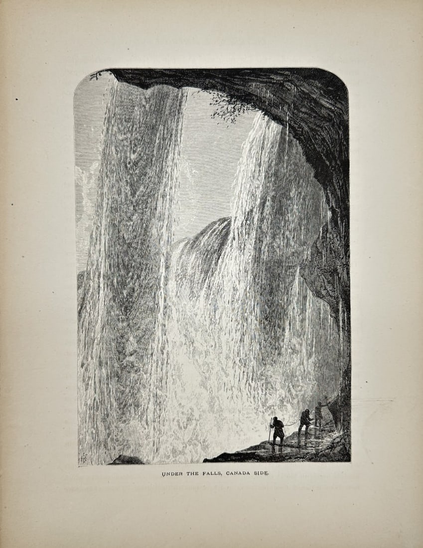 Antique Print - Wiliam Cullen Bryant - Under the falls - Canada side: This original antique wood engraving originates from Bruce, Oliver Bell & William Cullen Bryant’s Picturesque America; or, the Land We Live In. A Delineation by Pen and Pencil of the Mountains, Rive