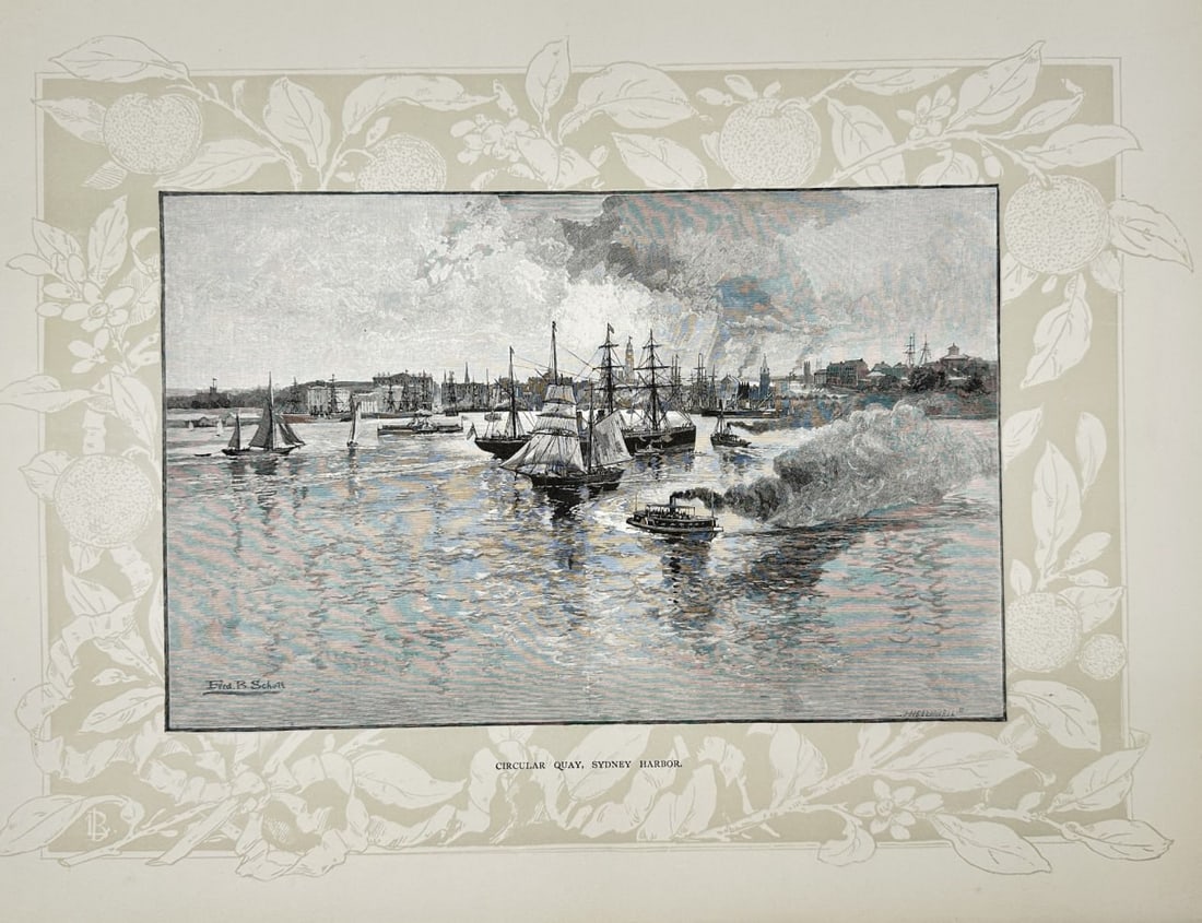 Antique Print - Frederick B. Schell - Circular Quay Sydney - Australia - 1886: This original antique wood engraving is from Andrew Garran’s Picturesque Atlas of Australasia. The work was published by Atlas Publishing Company in Sydney, Australia, between 1886 and 1888. Andrew 