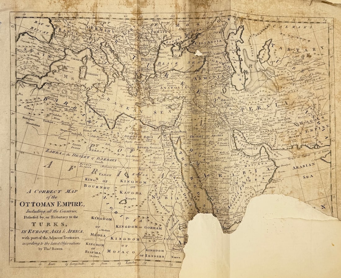 Thomas Bowen (c.1733–1790) – Map of the Ottoman Empire – Engraved Map (1779): This engraved map titled A Correct Map of the Ottoman Empire, including all the Countries Possessed by, or Tributary to the Turks, in Europe, Asia & Africa presents a detailed view of the Ottoman terr