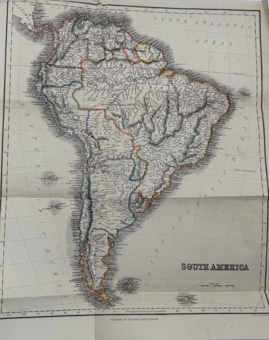Alexander Keith Johnston (1804–1871) – Map of South America – Engraved Map (c.1860s): This beautifully detailed hand-colored engraved map titled "South America" clearly delineates political borders, major cities, rivers, and mountain ranges across the South American continent. The map