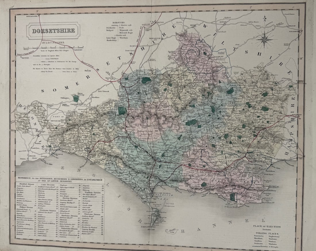 John Walker (fl. 1820s–1870s) – Map of Dorsetshire – Hand-Coloured Engraved Map: This detailed engraved map of Dorsetshire, created by British cartographer John Walker, showcases the administrative divisions, boroughs, roads, rivers, and polling places of the county in the 19th ce