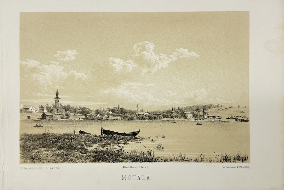 Frans Theodor Hedberg (1828–1908) – Motala, Swedish Canal Town – Chromolithography (1861): This chromolithograph depicts the town of Motala, an important stop along Sweden’s famed Göta Canal, and comes from Pittoreskt Sverige. Första serien: Kanalfärden mellan Stockholm och Göteborg (
