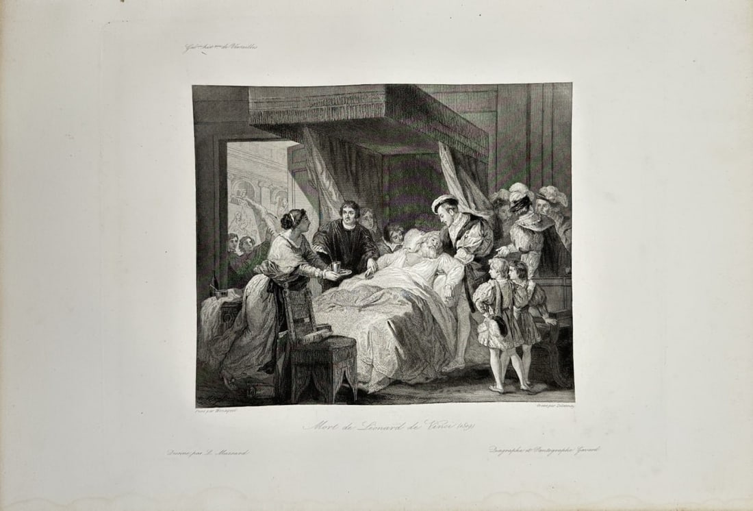 François-Guillaume Ménagot – Death of Leonardo da Vinci, 1519 – Engraving (1838–1849) (1 of 2)