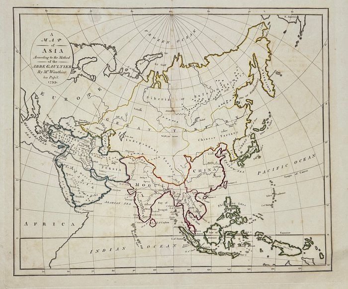 Mr. Wauthier after Abbé Gaultier – A Map of Asia According to the Method of the Abbé Gaultier: This original educational map of Asia was engraved by Mr. Wauthier in 1799 and reflects the Enlightenment-era teaching method developed by Abbé Aloisius Edouard Camille Gaultier (1746–1818). Design