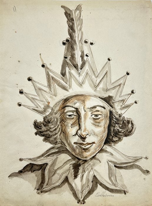 European School – Old Master Drawing – Portrait of Columbine in French Theatre (1 of 5)