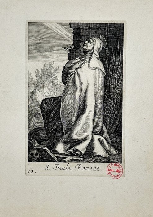 Boetius Adams Bolswert after Abraham Bloemaert – Religious Engraving: This finely detailed early 17th-century engraving depicts Saint Paula of Rome as a penitent hermit, kneeling before a crucifix in a rocky landscape, accompanied by a skull and illuminated by divine li