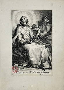 Boetius Adams Bolswert after Abraham Bloemaert – Religious Engraving: This early 17th-century engraving depicts the temptation of Christ during his forty-day fast in the desert, as described in the Gospels. Christ is shown seated calmly, his hand raised in rejection, wh