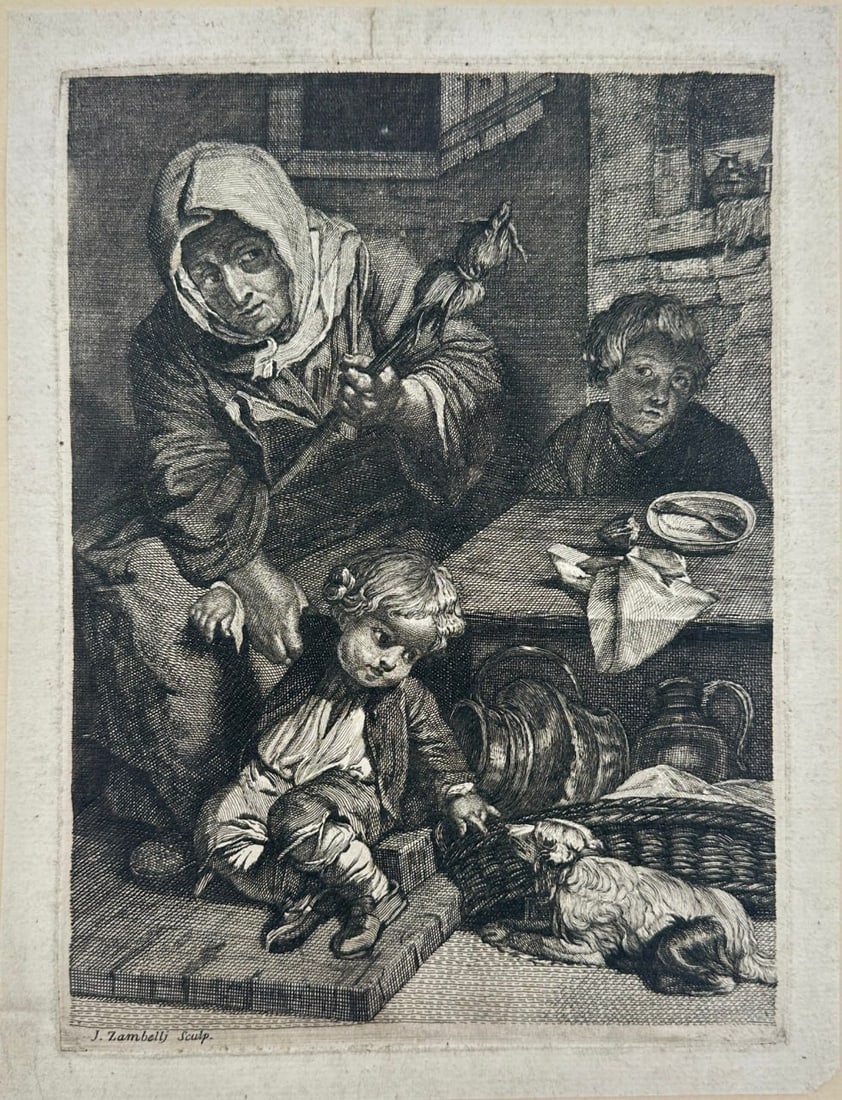 J. Zambelli – Old Woman Spinning with Two Boys and a Goat – Engraving (Late 18th Century): This finely executed engraving depicts a rustic domestic scene with an elderly woman spinning wool on a distaff, two boys—one seated, another at a table—and a small goat curled beside a basket. Th