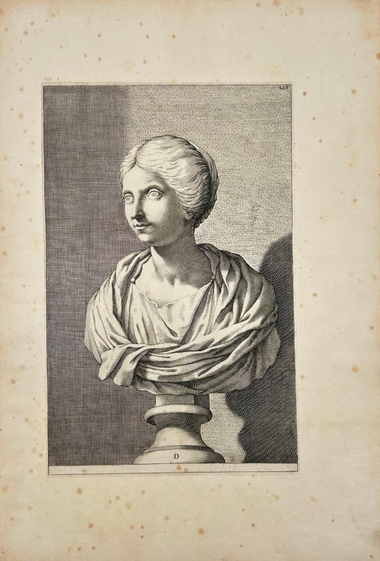Cornelis Bloemaert II (1603–1692) after Salvius Castell Aretin – A Female Classical Bust –: Original engraving by Cornelis Bloemaert originates from Aedes Barberinae ad Quirinalem by Hieronymus Tetius, published in Rome by Excudebat Mascardus in 1640. The work depicts a sculptural female bus