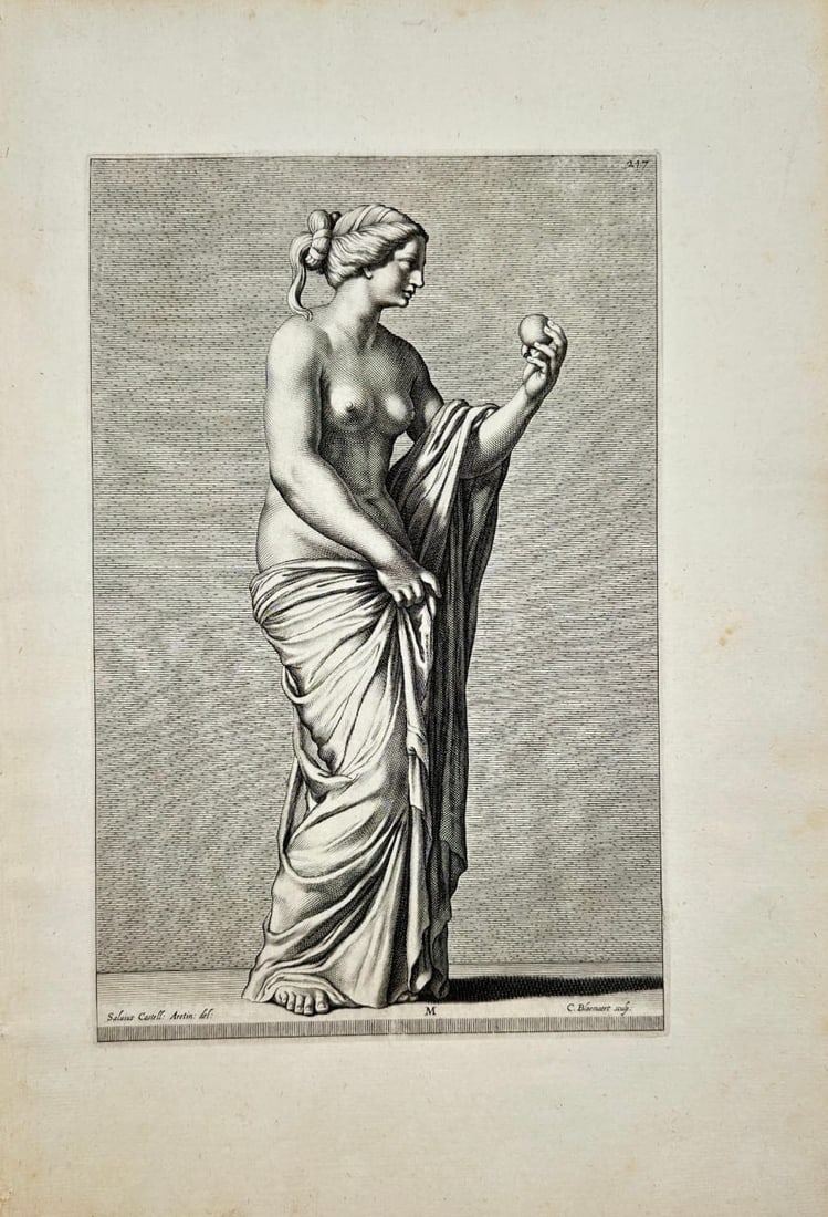 Cornelis Bloemaert II (1603–1692) after Salvio Castellucci – Plate 217, Statue of Venus: Antique engraving depicting the Statue of Venus, shown half-naked, standing in profile facing right. She holds her draped cloak in her right hand and an apple in her left. This print originates from G