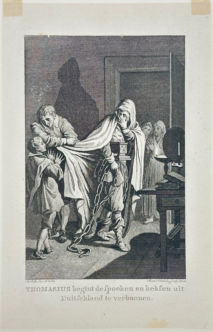 Jakob van der Schley (1715–1779) – Thomasius Begins to Banish Ghosts and Witches from Germany: This engraving portrays a dramatic scene in which a ghostly figure, wrapped in chains and a flowing shroud, is exposed as a fraud. A man and a child recoil in fear as the deceptive "spirit" is unmaske