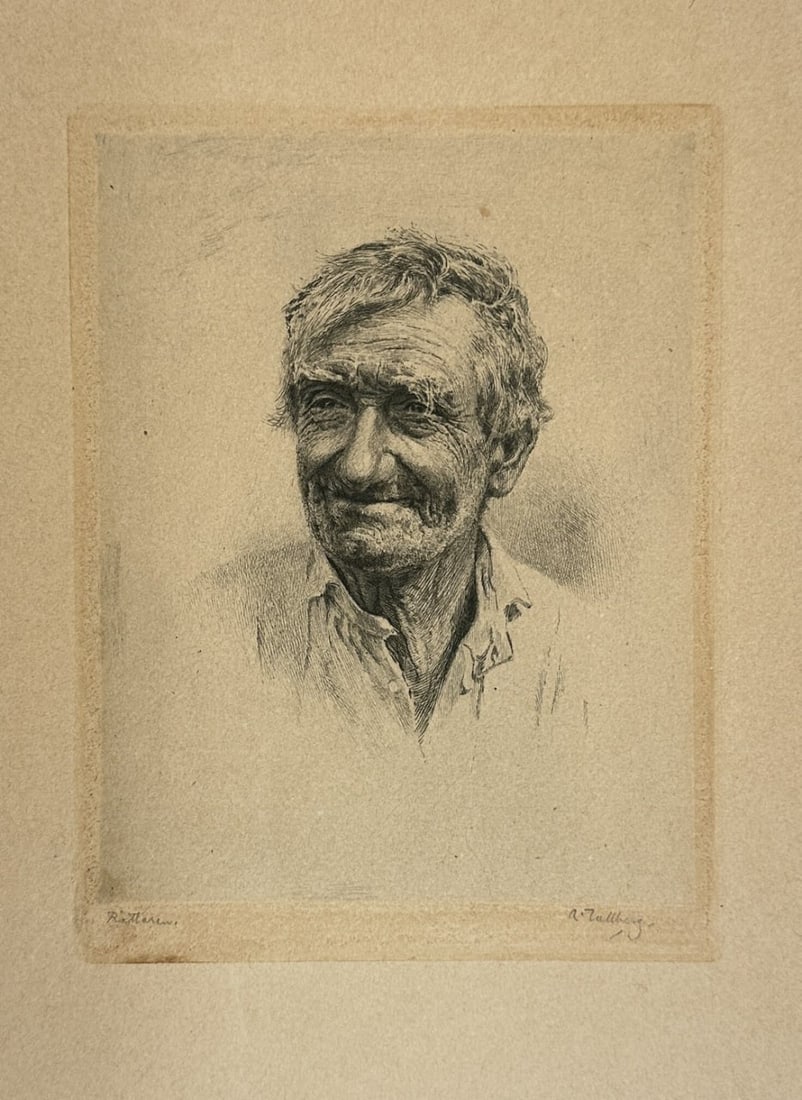 Axel Tallberg (1860–1928) – Rättaren – Etching (Late 19th – Early 20th Century): This finely executed portrait etching was published in Sweden during the late 19th or early 20th century. The artwork, titled Rättaren, captures the expressive and deeply textured face of an elderly 