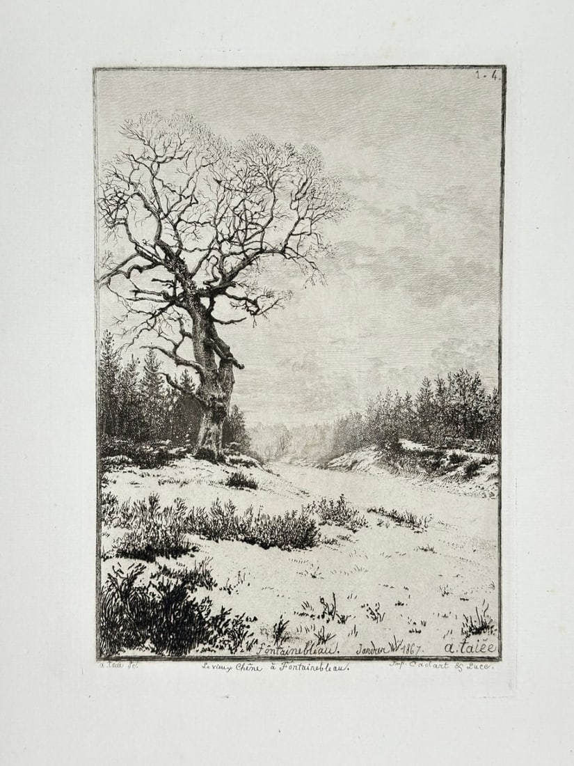 Janvier – Le Vieux Chêne, Fontainebleau – Etching (1867): This etching titled Le Vieux Chêne, Fontainebleau by Janvier dates to 1867 and depicts the majestic old oak tree in the forest of Fontainebleau, a subject that captivated many 19th-century French art
